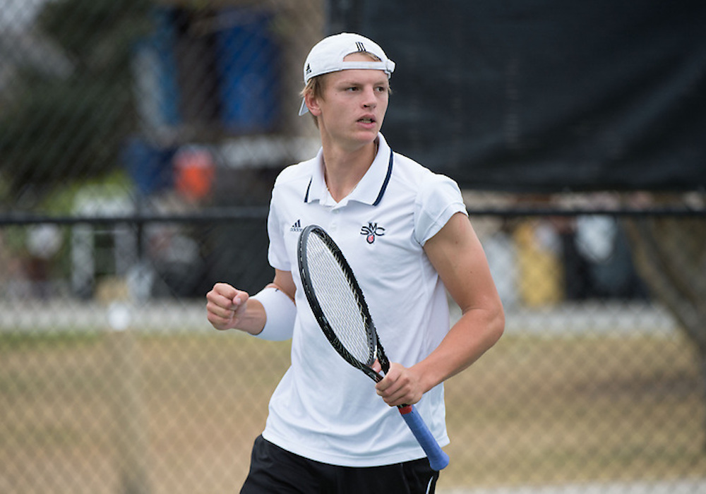 April 22, 2015; San Diego, CA, USA; Saint Mary's Gaels tennis player James Markiewicz during the WCC Tennis Championships at Barnes Tennis Center.